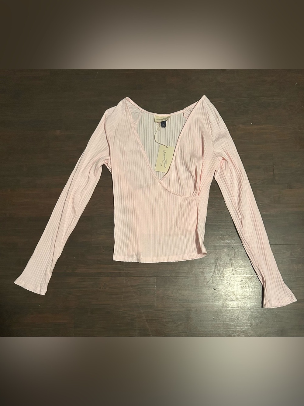 Ribbed Wrap-Front Long Sleeve Top in Light Pink